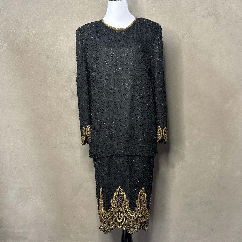 Lawrence Kazar NY Silk Beaded Drop Waist Dress Black Gold M